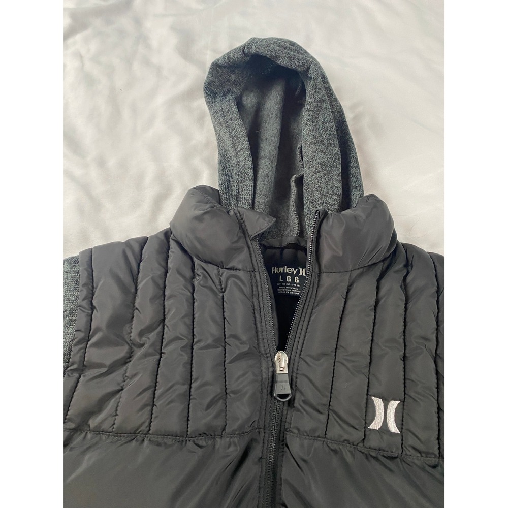 Hurley Hybrid Puffer Jacket Boys Large 12-13 Black Gray Excellent Hooded Zip - Picture 3 of 13